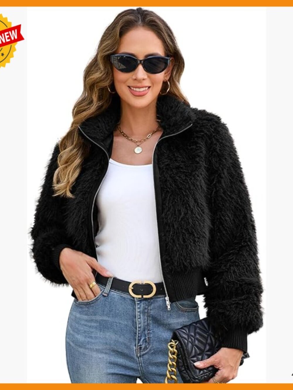 Faux Fur Cropped Jacket Zip Up Long Sleeve Winter Coat with Pockets
